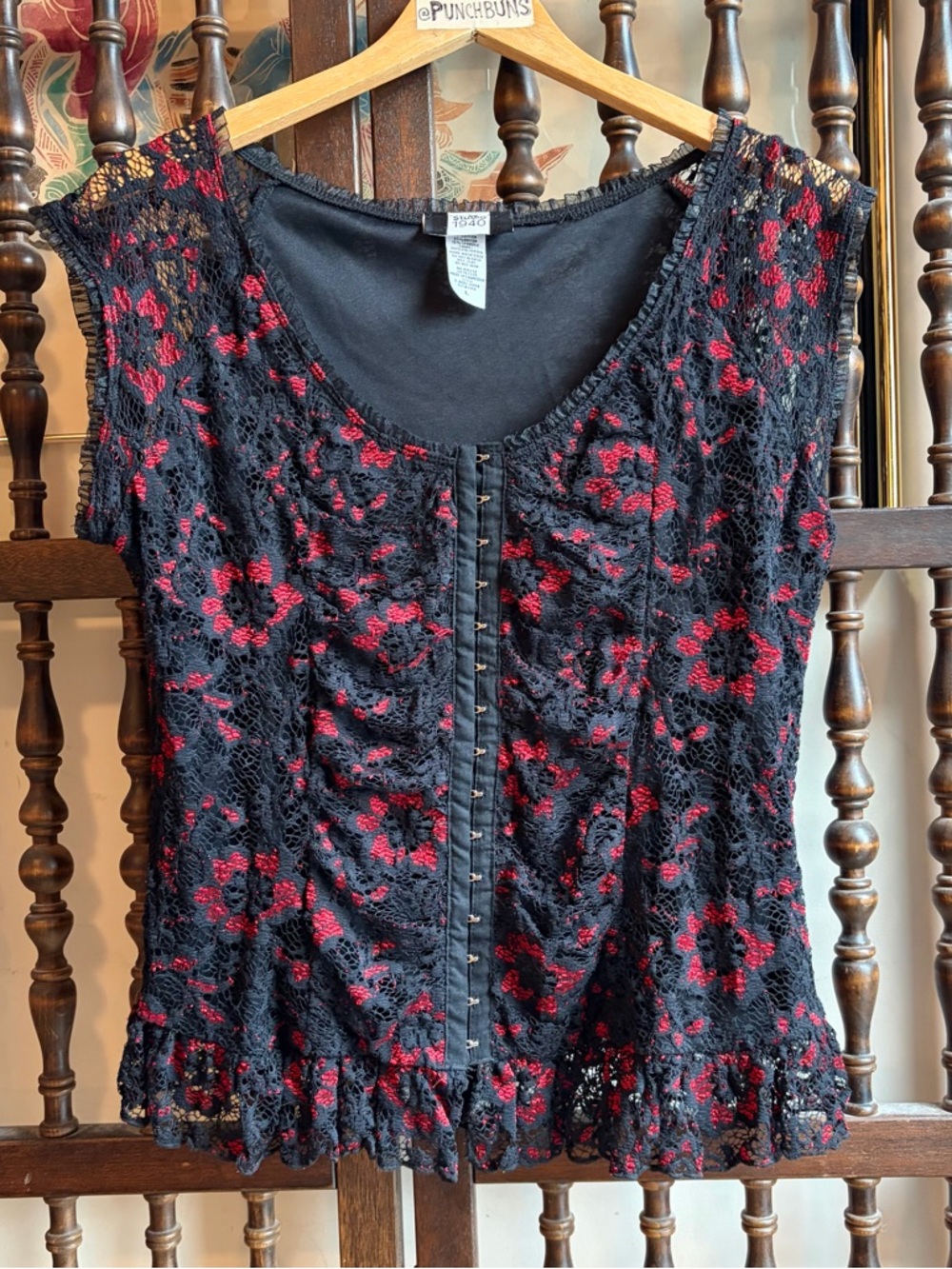 Vintage Y2K Red & Black Lace Ruched Studio 1940 Mall Gothic Fairy Blouse Large